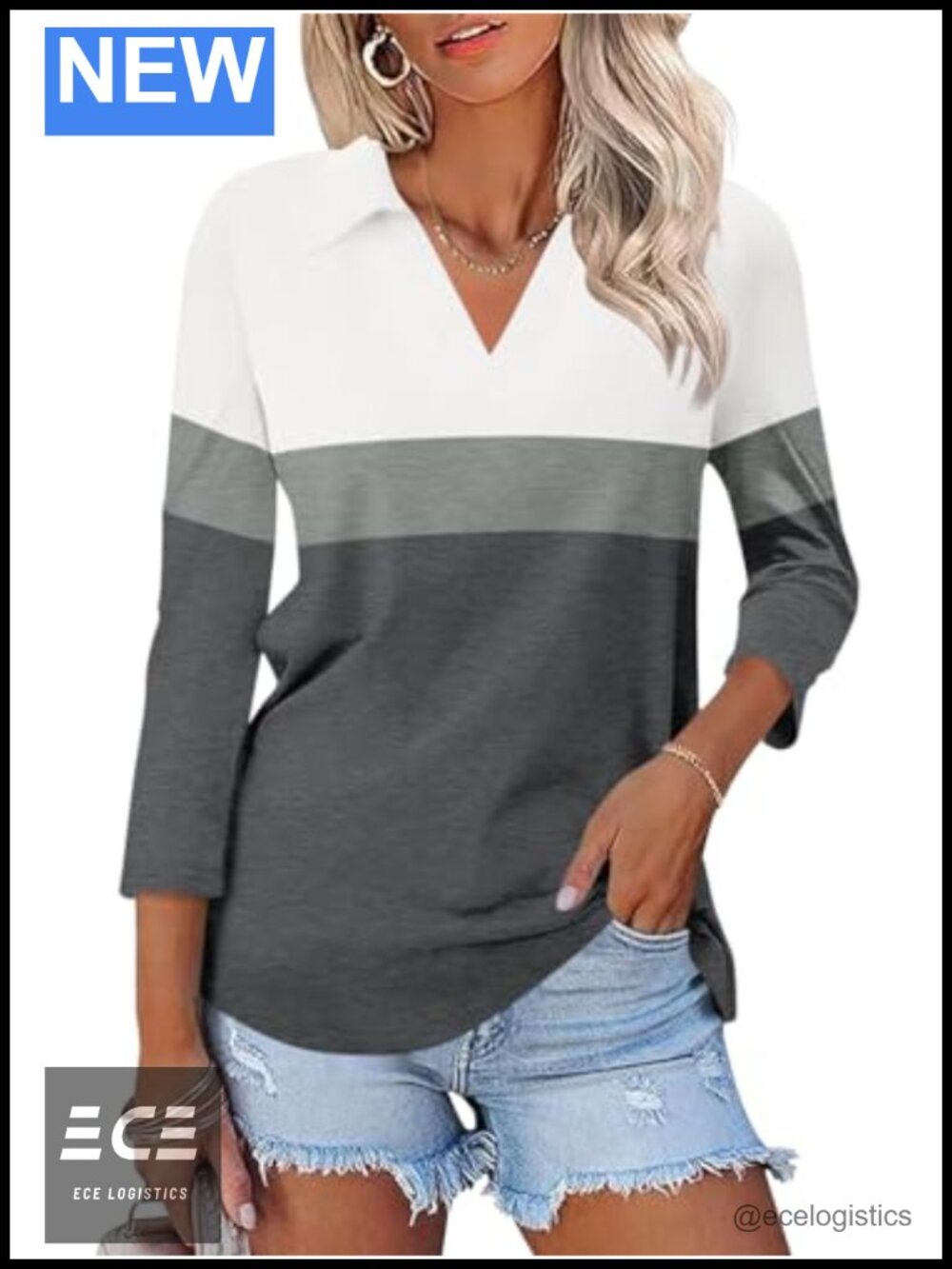 Womens 3/4 Sleeve V Neck Polo Shirt Collared Business Casual Top